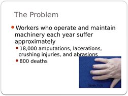 The Problem
2
Workers who operate and maintain 
machinery each year suffer 
approximately
18,000 amputations, lacerations,