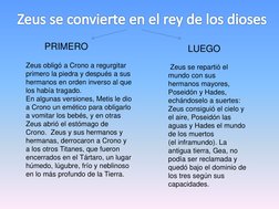 Zeus obligó a Crono a regurgitar 
primero la piedra y después a sus 
hermanos en orden inverso al que 
los había tragado.
En