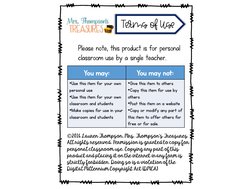 Terms of Use
Please note, this product is for personal 
classroom use by a single teacher.
You may:
You may not:
•Use this it