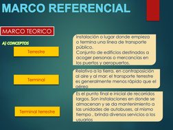 Terrestre 
Terminal terrestre 
Terminal 
Instalación o lugar donde empieza 
o termina una línea de transporte 
público.
Conju