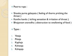 Poorva rupa :
Shooka purna galasyata ( feeling of thorns pricking the 
throat )
Kanthe kandu ( itching sensation & irritat
