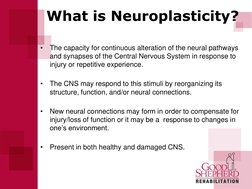What is Neuroplasticity? 
•
The capacity for continuous alteration of the neural pathways 
and synapses of the Central Nervo