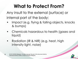 What to Protect From? 
Any insult to the external (surface) or  
internal part of the body: 
•
Impact (e.g. flying & falling