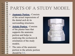 PARTS OF A STUDY MODEL
•
Anatomic Portion 
Anatomic Portion - Consists 
of the actual impressions of 
the dental arch & its