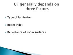  
Type of luminaire 
 
Room index 
 
Reflectance of room surfaces 
