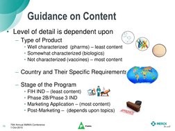 Guidance on Content
• Level of detail is dependent upon
– Type of Product
• Well characterized  (pharms) – least content
• So