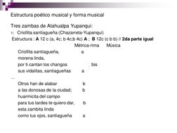 Estructura poético musical y forma musical  
Tres zambas de Atahualpa Yupanqui: 
1)
Criollita santiagueña (Chazarreta-Yupanqu