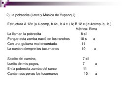 2) La pobrecita (Letra y Música de Yupanqui) 
Estructura A 12c (a 4 comp, b 4c., b 4 c.) A; B 12 c ( c 4comp. b,  b )
