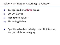 Valves Classification According To Function 

Categorized into three areas: 
i)
On-Off Valves 
ii)
Non return Valves 
iii)
T