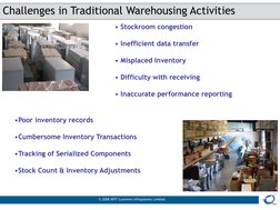 © 2008 KPIT Cummins Infosystems Limited
Challenges in Traditional Warehousing Activities
• Stockroom congestion
• Inefficient