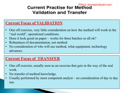 Current Focus of VALIDATION
• One off exercise, very little consideration on how the method will work in the 
“real world”, o