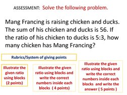 ASSESSMENT: Solve the following problem.
Mang Francing is raising chicken and ducks. 
The sum of his chicken and ducks is 56.