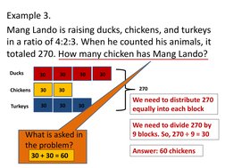 Example 3.
Mang Lando is raising ducks, chickens, and turkeys 
in a ratio of 4:2:3. When he counted his animals, it 
totaled