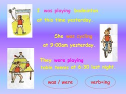 I
was playing badminton
at this time yesterday.
She was cycling
at 9:00am yesterday.
They were playing
table tennis at 6:30 l