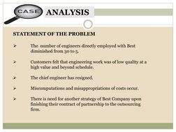 ANALYSIS
STATEMENT OF THE PROBLEM

The  number of engineers directly employed with Best 
diminished from 30 to 5.

Customer