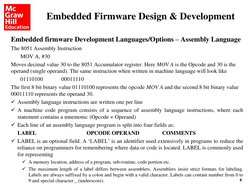 8
Embedded firmware Development Languages/Options – Assembly Language
The 8051 Assembly Instruction
MOV A, #30 
Moves decimal