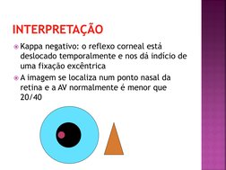 INTERPRETAÇÃO
Kappa negativo: o reflexo corneal está 
deslocado temporalmente e nos dá indício de 
uma fixação excêntrica
A