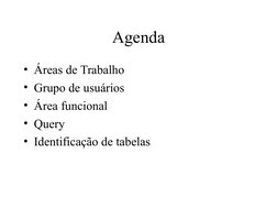  
 
Agenda
• Áreas de Trabalho
• Grupo de usuários
• Área funcional
• Query
• Identificação de tabelas
