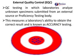 External Quality Control (EQC) 
¾QC testing in which laboratories analyze 
unknown specimens submitted from an external 
sour