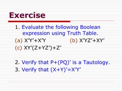 Exercise
1. Evaluate the following Boolean 
expression using Truth Table.
(a) X’Y’+X’Y
(b) X’YZ’+XY’
(c) XY’(Z+YZ’)+Z’
2. Ver