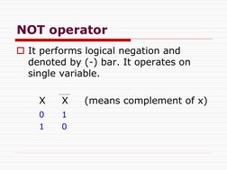 NOT operator
It performs logical negation and 
denoted by (-) bar. It operates on 
single variable.
X
X
(means complement of