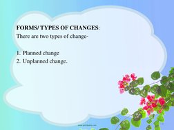 FORMS/ TYPES OF CHANGES: 
There are two types of change-
1. Planned change
2. Unplanned change.
8
