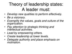 Theory of leadership states: 
A leader must:
• Develop new qualities to perform effectively.
• Be a visionary.
• Exemplify th