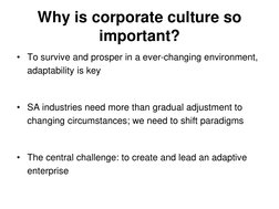 Why is corporate culture so 
important?
• To survive and prosper in a ever-changing environment, 
adaptability is key
• SA in