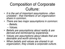 Composition of Corporate 
Culture:
• It is the set of important assumptions- often 
unstated – that members of an organizatio
