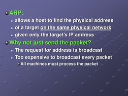 ARP:
allows a host to find the physical address
of a target on the same physical network
given only the target’s IP addres