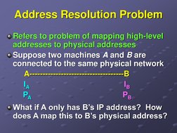 Address Resolution Problem
Refers to problem of mapping high-level 
addresses to physical addresses
Suppose two machines A an