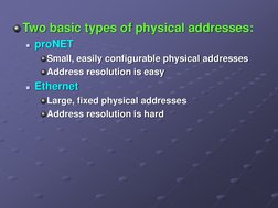 Two basic types of physical addresses:
proNET
Small, easily configurable physical addresses
Address resolution is easy
Ethe