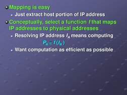 Mapping is easy
Just extract host portion of IP address
Conceptually, select a function f that maps 
IP addresses to physica