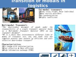 Transition of modals in 
logistics
-
 
Uni modal transport
q
, 
, 
, 
- 
Road train Flight Ship
Individual
q
 
 
Many service