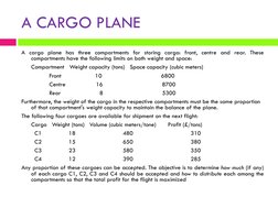 A CARGO PLANE
A cargo plane has three compartments for storing cargo: front, centre and rear. These
compartments have the fol