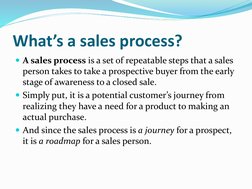 What’s a sales process?
A sales process is a set of repeatable steps that a sales 
person takes to take a prospective buyer