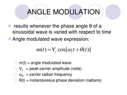 ANGLE MODULATION
results whenever the phase angle θ of a 
sinusoidal wave is varied with respect to time
Angle modulated wa