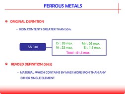 FERROUS METALS
ORIGINAL DEFINITION
- IRON CONTENTS GREATER THAN 50%.
REVISED DEFINITION (1993)
- MATERIAL WHICH CONTAINS BY M