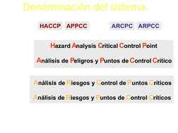 Análisis de Riesgos y Control de Puntos Críticos 
HACCP
APPCC
Hazard Analysis Critical Control Point
Análisis de Peligros y P