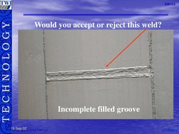 M.S.Rogers
M.S.RogersT E C H N O L O G Y
Copyright © 2003 TWI Ltd
SWI 3.2
19 Sep 02
Would you accept or reject this weld?
Inc