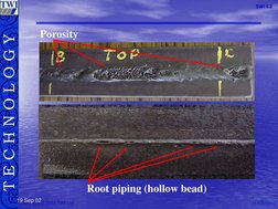 M.S.Rogers
M.S.RogersT E C H N O L O G Y
Copyright © 2003 TWI Ltd
SWI 3.2
19 Sep 02
Porosity
Root piping (hollow bead)
