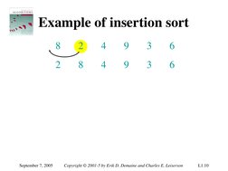 September 7, 2005 
Copyright © 2001-5 by Erik D. Demaine and Charles E. Leiserson 
L1.10 
Example of insertion sort 
8 
2 
4