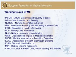 8
Working Group EFMI:
•MCMS - MBDS, Case Mix and Severity of cases
•DPS - Data Protection and Security
•NURSIE - Nursing Info