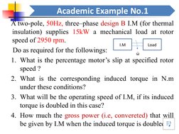 Academic Example No.1
A two-pole, 50Hz, three–phase design B I.M (for thermal 
insulation) supplies 15kW a mechanical load at