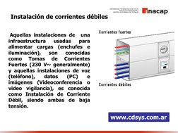 Instalación de corrientes débiles
Aquellas instalaciones de
una
infraestructura
usadas
para
alimentar
cargas
(enchufes
e
ilum