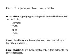 Parts of a grouped frequency table
• Class Limits – groupings or categories defined by lower and 
upper limits.
Example:
26-3