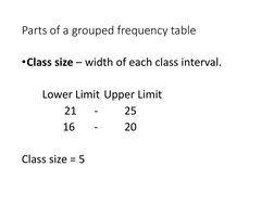 Parts of a grouped frequency table
•Class size – width of each class interval.
Lower Limit Upper Limit
21
-
25
16
-
20
Class