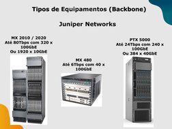 Juniper Networks
MX 2010 / 2020
Até 80Tbps com 320 x 
100GbE
Ou 1920 x 10GbETipos de 
Tipos de Equipamentos(Backbone) (Backbo