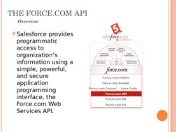 THE FORCE.COM API
Salesforce provides 
programmatic 
access to 
organization’s 
information using a 
simple, powerful, 
and