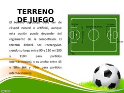 TERRENO 
DE JUEGO
El terreno de juego debe ser de 
césped natural o artificial, aunque 
esta opción puede depender del 
regla